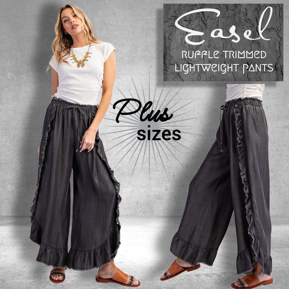 EASEL Raw Ruffle Trim Lightweight Pants Elastic & Drawstring Waist & Scooped Hem - Picture 1 of 16